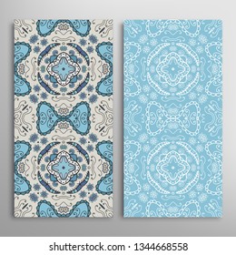 Vertical seamless patterns set, floral geometric lace texture for Wedding, Valentine's day, greeting card or Birthday Invitation. Decorative seamless doodle backgrounds. Ethnic ornament border pattern