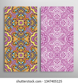 Vertical seamless patterns set, floral geometric lace texture for Wedding, Valentine's day, greeting card or Birthday Invitation. Decorative seamless doodle backgrounds. Ethnic ornament border pattern