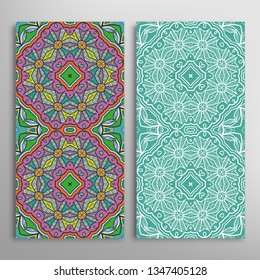 Vertical seamless patterns set, floral geometric lace texture for Wedding, Valentine's day, greeting card or Birthday Invitation. Decorative seamless doodle backgrounds. Ethnic ornament border pattern