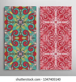 Vertical seamless patterns set, floral geometric lace texture for Wedding, Valentine's day, greeting card or Birthday Invitation. Decorative seamless doodle backgrounds. Ethnic ornament border pattern