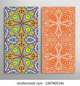 Vertical seamless patterns set, floral geometric lace texture for Wedding, Valentine's day, greeting card or Birthday Invitation. Decorative seamless doodle backgrounds. Ethnic ornament border pattern