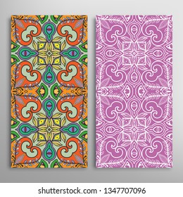 Vertical seamless patterns set, floral geometric lace texture for Wedding, Valentine's day, greeting card or Birthday Invitation. Decorative seamless doodle backgrounds. Ethnic ornament border pattern