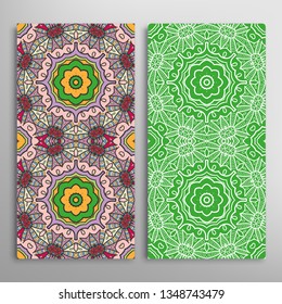 Vertical seamless patterns set, floral geometric lace texture for Wedding, Valentine's day, greeting card or Birthday Invitation. Decorative seamless doodle backgrounds. Ethnic ornament border pattern