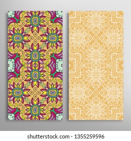 Vertical seamless patterns set, floral geometric lace texture for Wedding, Valentine's day, greeting card or Birthday Invitation. Decorative seamless doodle backgrounds. Ethnic ornament border pattern