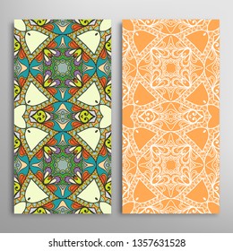 Vertical seamless patterns set, floral geometric lace texture for Wedding, Valentine's day, greeting card or Birthday Invitation. Decorative seamless doodle backgrounds. Ethnic ornament border pattern