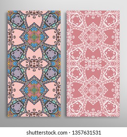 Vertical seamless patterns set, floral geometric lace texture for Wedding, Valentine's day, greeting card or Birthday Invitation. Decorative seamless doodle backgrounds. Ethnic ornament border pattern