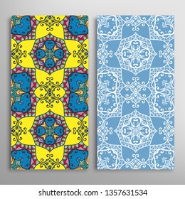 Vertical seamless patterns set, floral geometric lace texture for Wedding, Valentine's day, greeting card or Birthday Invitation. Decorative seamless doodle backgrounds. Ethnic ornament border pattern