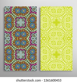 Vertical seamless patterns set, floral geometric lace texture for Wedding, Valentine's day, greeting card or Birthday Invitation. Decorative seamless doodle backgrounds. Ethnic ornament border pattern