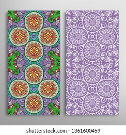 Vertical seamless patterns set, floral geometric lace texture for Wedding, Valentine's day, greeting card or Birthday Invitation. Decorative seamless doodle backgrounds. Ethnic ornament border pattern