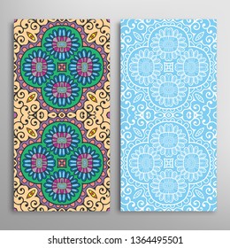 Vertical seamless patterns set, floral geometric lace texture for Wedding, Valentine's day, greeting card or Birthday Invitation. Decorative seamless doodle backgrounds. Ethnic ornament border pattern