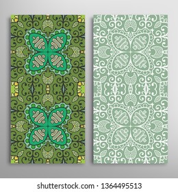 Vertical seamless patterns set, floral geometric lace texture for Wedding, Valentine's day, greeting card or Birthday Invitation. Decorative seamless doodle backgrounds. Ethnic ornament border pattern