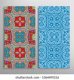 Vertical seamless patterns set, floral geometric lace texture for Wedding, Valentine's day, greeting card or Birthday Invitation. Decorative seamless doodle backgrounds. Ethnic ornament border pattern