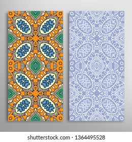Vertical seamless patterns set, floral geometric lace texture for Wedding, Valentine's day, greeting card or Birthday Invitation. Decorative seamless doodle backgrounds. Ethnic ornament border pattern