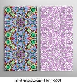 Vertical seamless patterns set, floral geometric lace texture for Wedding, Valentine's day, greeting card or Birthday Invitation. Decorative seamless doodle backgrounds. Ethnic ornament border pattern