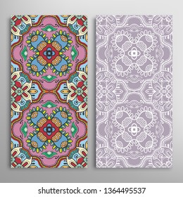 Vertical seamless patterns set, floral geometric lace texture for Wedding, Valentine's day, greeting card or Birthday Invitation. Decorative seamless doodle backgrounds. Ethnic ornament border pattern