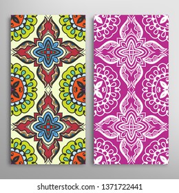Vertical seamless patterns set, floral geometric lace texture for Wedding, Valentine's day, greeting card or Birthday Invitation. Decorative seamless doodle backgrounds. Ethnic ornament border pattern