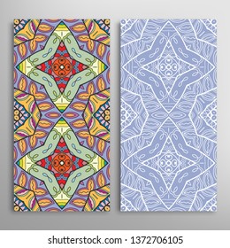 Vertical seamless patterns set, floral geometric lace texture for Wedding, Valentine's day, greeting card or Birthday Invitation. Decorative seamless doodle backgrounds. Ethnic ornament border pattern