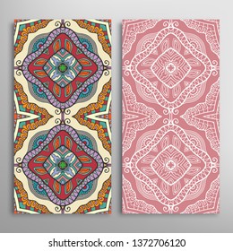 Vertical seamless patterns set, floral geometric lace texture for Wedding, Valentine's day, greeting card or Birthday Invitation. Decorative seamless doodle backgrounds. Ethnic ornament border pattern
