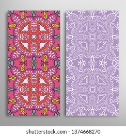 Vertical seamless patterns set, floral geometric lace texture for Wedding, Valentine's day, greeting card or Birthday Invitation. Decorative seamless doodle backgrounds. Ethnic ornament border pattern