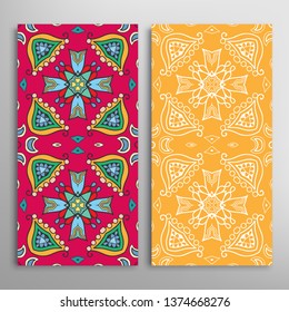 Vertical seamless patterns set, floral geometric lace texture for Wedding, Valentine's day, greeting card or Birthday Invitation. Decorative seamless doodle backgrounds. Ethnic ornament border pattern