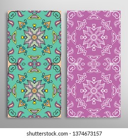 Vertical seamless patterns set, floral geometric lace texture for Wedding, Valentine's day, greeting card or Birthday Invitation. Decorative seamless doodle backgrounds. Ethnic ornament border pattern