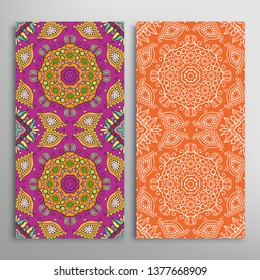 Vertical seamless patterns set, floral geometric lace texture for Wedding, Valentine's day, greeting card or Birthday Invitation. Decorative seamless doodle backgrounds. Ethnic ornament border pattern