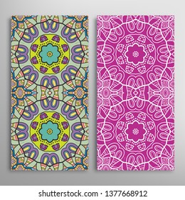 Vertical seamless patterns set, floral geometric lace texture for Wedding, Valentine's day, greeting card or Birthday Invitation. Decorative seamless doodle backgrounds. Ethnic ornament border pattern