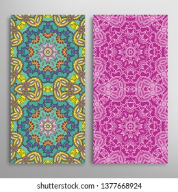 Vertical seamless patterns set, floral geometric lace texture for Wedding, Valentine's day, greeting card or Birthday Invitation. Decorative seamless doodle backgrounds. Ethnic ornament border pattern