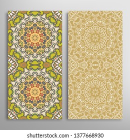 Vertical seamless patterns set, floral geometric lace texture for Wedding, Valentine's day, greeting card or Birthday Invitation. Decorative seamless doodle backgrounds. Ethnic ornament border pattern