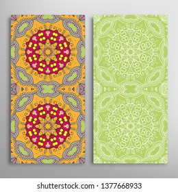 Vertical seamless patterns set, floral geometric lace texture for Wedding, Valentine's day, greeting card or Birthday Invitation. Decorative seamless doodle backgrounds. Ethnic ornament border pattern