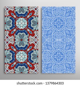 Vertical seamless patterns set, floral geometric lace texture for Wedding, Valentine's day, greeting card or Birthday Invitation. Decorative seamless doodle backgrounds. Ethnic ornament border pattern