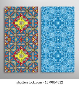 Vertical seamless patterns set, floral geometric lace texture for Wedding, Valentine's day, greeting card or Birthday Invitation. Decorative seamless doodle backgrounds. Ethnic ornament border pattern