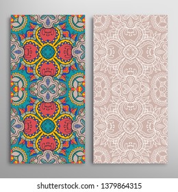 Vertical seamless patterns set, floral geometric lace texture for Wedding, Valentine's day, greeting card or Birthday Invitation. Decorative seamless doodle backgrounds. Ethnic ornament border pattern