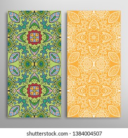 Vertical seamless patterns set, floral geometric lace texture for Wedding, Valentine's day, greeting card or Birthday Invitation. Decorative seamless doodle backgrounds. Ethnic ornament border pattern