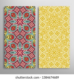 Vertical seamless patterns set, floral geometric lace texture for Wedding, Valentine's day, greeting card or Birthday Invitation. Decorative seamless doodle backgrounds. Ethnic ornament border pattern