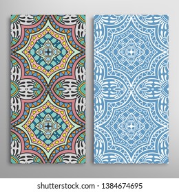 Vertical seamless patterns set, floral geometric lace texture for Wedding, Valentine's day, greeting card or Birthday Invitation. Decorative seamless doodle backgrounds. Ethnic ornament border pattern
