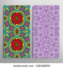 Vertical seamless patterns set, floral geometric lace texture for Wedding, Valentine's day, greeting card or Birthday Invitation. Decorative seamless doodle backgrounds. Ethnic ornament border pattern