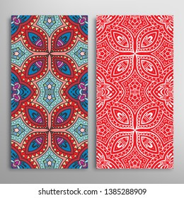 Vertical seamless patterns set, floral geometric lace texture for Wedding, Valentine's day, greeting card or Birthday Invitation. Decorative seamless doodle backgrounds. Ethnic ornament border pattern