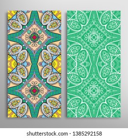 Vertical seamless patterns set, floral geometric lace texture for Wedding, Valentine's day, greeting card or Birthday Invitation. Decorative seamless doodle backgrounds. Ethnic ornament border pattern