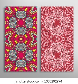 Vertical seamless patterns set, floral geometric lace texture for Wedding, Valentine's day, greeting card or Birthday Invitation. Decorative seamless doodle backgrounds. Ethnic ornament border pattern