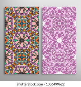 Vertical seamless patterns set, floral geometric lace texture for Wedding, Valentine's day, greeting card or Birthday Invitation. Decorative seamless doodle backgrounds. Ethnic ornament border pattern