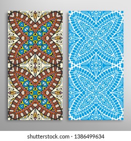Vertical seamless patterns set, floral geometric lace texture for Wedding, Valentine's day, greeting card or Birthday Invitation. Decorative seamless doodle backgrounds. Ethnic ornament border pattern