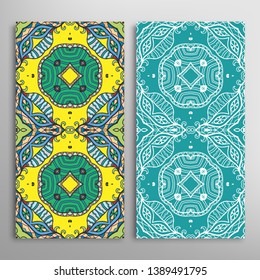 Vertical seamless patterns set, floral geometric lace texture for Wedding, Valentine's day, greeting card or Birthday Invitation. Decorative seamless doodle backgrounds. Ethnic ornament border pattern