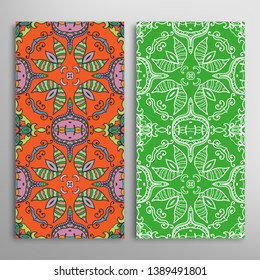 Vertical seamless patterns set, floral geometric lace texture for Wedding, Valentine's day, greeting card or Birthday Invitation. Decorative seamless doodle backgrounds. Ethnic ornament border pattern