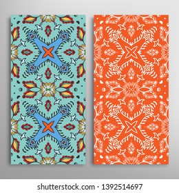 Vertical seamless patterns set, floral geometric lace texture for Wedding, Valentine's day, greeting card or Birthday Invitation. Decorative seamless doodle backgrounds. Ethnic ornament border pattern