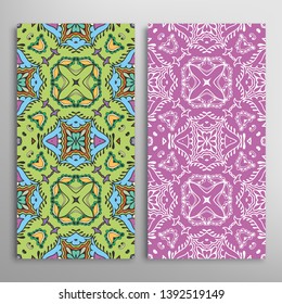 Vertical seamless patterns set, floral geometric lace texture for Wedding, Valentine's day, greeting card or Birthday Invitation. Decorative seamless doodle backgrounds. Ethnic ornament border pattern