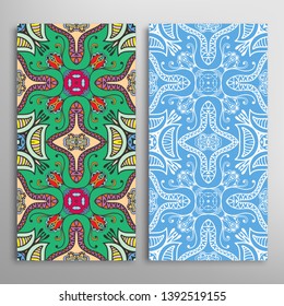 Vertical seamless patterns set, floral geometric lace texture for Wedding, Valentine's day, greeting card or Birthday Invitation. Decorative seamless doodle backgrounds. Ethnic ornament border pattern