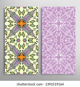 Vertical seamless patterns set, floral geometric lace texture for Wedding, Valentine's day, greeting card or Birthday Invitation. Decorative seamless doodle backgrounds. Ethnic ornament border pattern