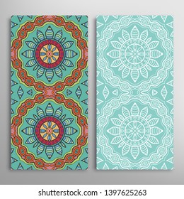 Vertical seamless patterns set, floral geometric lace texture for Wedding, Valentine's day, greeting card or Birthday Invitation. Decorative seamless doodle backgrounds. Ethnic ornament border pattern