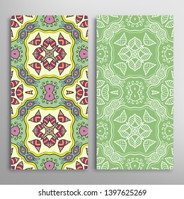 Vertical seamless patterns set, floral geometric lace texture for Wedding, Valentine's day, greeting card or Birthday Invitation. Decorative seamless doodle backgrounds. Ethnic ornament border pattern